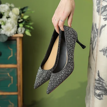 2023 новые весенние женские туфли-лодочки из натуральной кожи длиной 22-24,5 см, блестящий материал + свиная кожа, туфли на высоком каблуке, женская обувь в стиле ретро  5