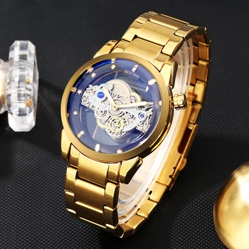 Светящиеся кварцевые часы для мужчин, деловые модные наручные часы, Синий прозрачный циферблат, имитация механических роскошных золотых часов  5