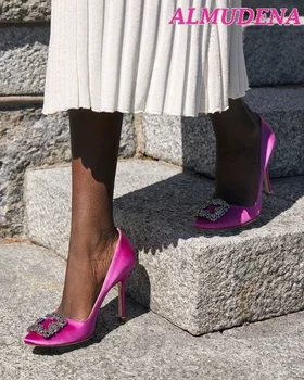 Женские атласные туфли-лодочки с квадратной пряжкой, украшенные кристаллами, красные, зеленые, Элегантные туфли на высоком каблуке-шпильке, шелковые вечерние платья на каблуках, роскошные дизайнерские туфли  5
