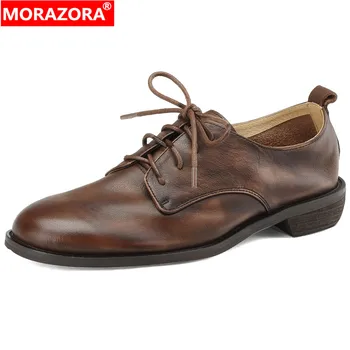 MORAZORA / Новинка 2023 года; Женская обувь из натуральной кожи в стиле ретро; туфли-лодочки на среднем квадратном каблуке с круглым носком; Женские модельные туфли ручной работы на шнуровке;  5