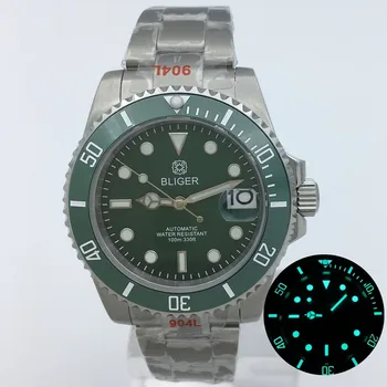 BLIGER 40mm NH35A PT5000 Зеленые мужские часы для дайвинга С зеленым циферблатом, керамический светящийся безель, Сапфировое стекло, Дата, матовый устричный ремень  2