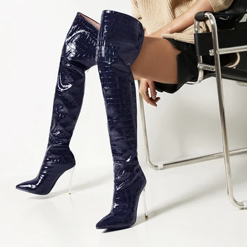 Пикантные женские сапоги на шпильке с гальваническим покрытием из серебристого металла, с каменным узором, с острым носком, высокие сапоги выше колена  5
