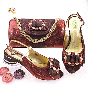 Нигерийский модный комплект обуви и сумок, украшенный стразами, винного цвета, в зрелом стиле, идеально подходящий для вечеринок в саду  5