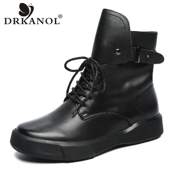 DRKANOL 2023, классические черные роскошные женские ботинки, осень-зима, теплая обувь, 100% натуральная кожа, резиновая подошва, повседневные ботильоны на плоской подошве  5