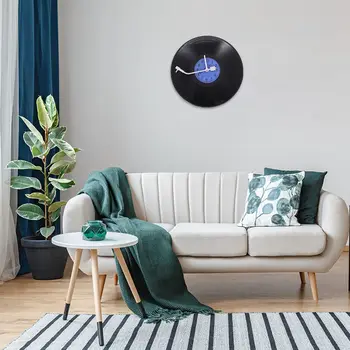 Кварцевые круглые настенные часы в стиле ретро Художественный дизайн кухни гостиной Украшение дома Виниловая пластинка Часы Синий + черный пластик  5