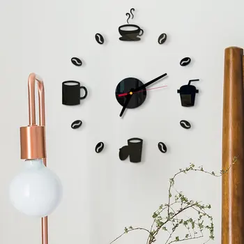 Настенные часы Кухонный Кофейный декор Настенные часы Зеркальное Акриловое 3D искусство Самоклеящиеся Домашние часы своими руками Бесшумные часы для кухни Офиса  5