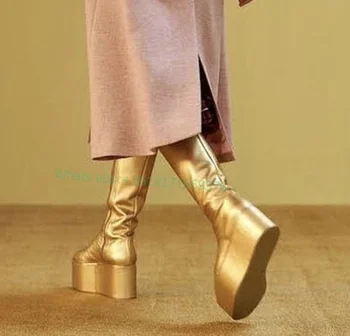 Сапоги до колена на золотистой платформе и высоком каблуке, Женские модные кожаные роскошные ботинки на танкетке, женская обувь с круглым носком, Осень 2023, Новый дизайн  5