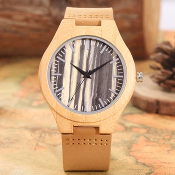 Кварцевые наручные часы из дерева и бамбука для мужчин, черно-белый полосатый циферблат, деревянные часы, простая шкала, коричневый кожаный ремешок, часы с пряжкой  5