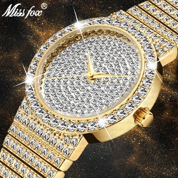Женские часы Missfox Gold, роскошные кварцевые часы с бриллиантами, украшенные льдом, для маленьких дам, корпус 34 мм, повседневные стильные наручные часы  5
