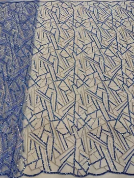 свадебная кружевная ткань с бисером для вечернего платья, высококачественные ткани с блестками, 2022 синий тюль с вышивкой, последняя африканская модель  2