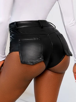 Женские сексуальные шорты из искусственной кожи с высокой талией для готических танцев в стиле панк, черные шорты неправильной формы С большими карманами, шорты с попой  10