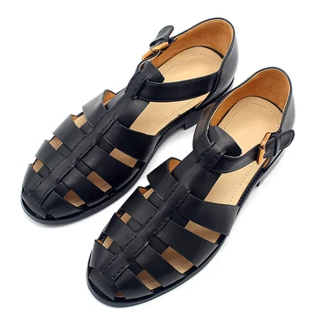 Летние Новые Римские винтажные кожаные туфли ручной работы из воловьей кожи Baotou, небольшая пряжка для ремня, Большие плоские мужские сандалии ручной работы  10