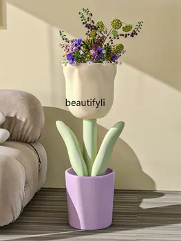 Украшение напольной вазы с тюльпанами в скандинавском стиле, гостиная, шкаф для телевизора, Свежий Большой цветочный горшок  5