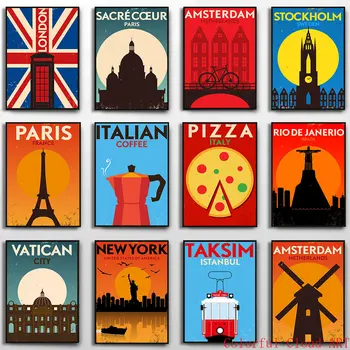 Винтажный туристический плакат по городу, Итальянский кофейный минимализм, Амстердам, Нью-Йорк, Париж, Бразилия, Холст, настенное искусство, Картина, Домашний декор  5
