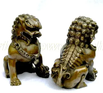 Старинная бронзовая пара собак Фэншуй Фу Фу Лев Статуя бога старой двери Львы  5