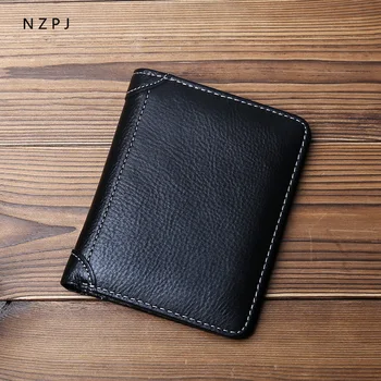 Тонкий мужской кожаный бумажник NZPJ, короткий кошелек, вертикальный держатель для карт из воловьей кожи, мужской кошелек для монет, держатель для банковских карт.  5