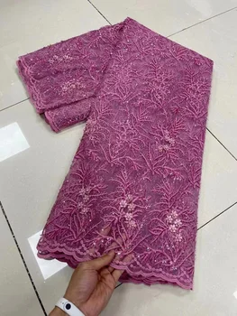 Фиолетовый Африканский высококачественный тюль с блестками, французское кружево, сетчатый дизайн, 5 ярдов ткани для нигерийских женщин, материал свадебного платья невесты  5