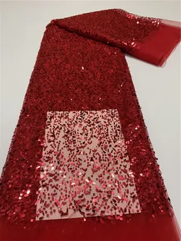 Африканская кружевная ткань 2023, красная Французская кружевная ткань с тяжелым бисером, Нигерийские кружевные ткани с вышивкой пайетками для свадебного платья  5