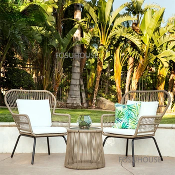 Современная садовая мебель для балкона, террасы, стулья из ротанга, чайный столик, набор из трех предметов, кресло для отдыха во внутреннем дворе, сад  10