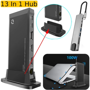 13 в 1 Вертикальный Концентратор Type C USB 3 0 Портативный адаптер usb type c Док-станция Аудиовыход, совместимый с HDMI, для Ноутбука и Телефона  1