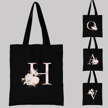 Женская черная сумка для покупок, повседневная большая сумка с розовыми буквами в виде цветка, начальным названием, рисунком, напечатанным на холсте, сумка через плечо многоразового использования  5