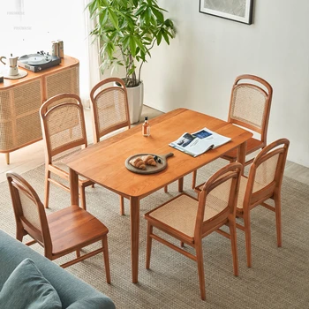 Современные обеденные столы из массива дерева, простой ротанговый стол, домашний обеденный стол, сочетание стульев, Японская мебель для небольших квартир  5