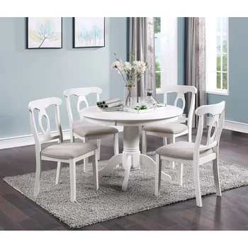 Обеденный стол из 5 предметов, круглый стол, 4 боковых стула, Тканевая обивка сидений, мебель из прорезиненного дерева  5