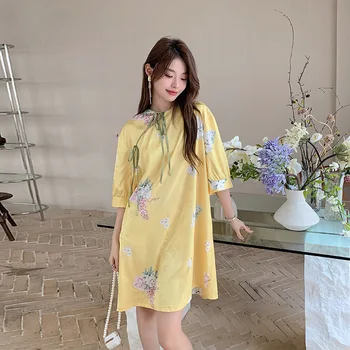 2023 Сексуальная Пижама, Желтая Атласная ночная рубашка с цветочным принтом, Женская Домашняя одежда, Ночная рубашка в китайском стиле, пижамы  5