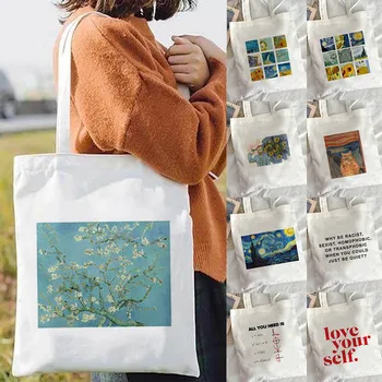 Хозяйственная сумка Van Gogh Художественная картина маслом Графическая холщовая сумка через плечо Милая женская сумка для покупок в стиле харадзюку Улззанг Гранж  5