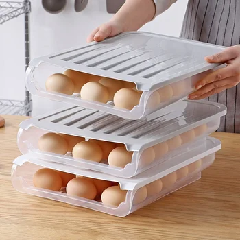 Ящик для хранения яиц в холодильнике, Автоматический выдвижной Ящик для хранения яиц в холодильнике с крышкой, пластиковый Прозрачный ящик для хранения утиных яиц  10
