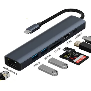 Док-станция Typec 7 в 1 Usb 3.0 HUB Концентратор HDMI-порт Gigabit Ethernet Док-станция Xiaomi Lenovo Macbook Pro Huawei  5