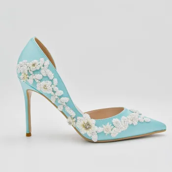 Синие летние женские свадебные босоножки с острым носком и цветочным узором, элегантные женские туфли-лодочки на высоком каблуке, обувь для вечеринок, TRAF ZA  10
