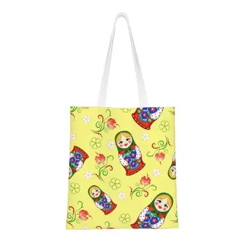 Русская кукла Матрешка с цветочным узором, сумки-тоут для покупок, женская холщовая сумка для покупок через плечо, сумки большой вместимости  5