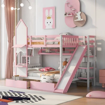 Двухъярусная кровать в стиле Замка с 2 выдвижными ящиками, 3 полками и горкой, Dream, для Детской комнаты, Спальни- Розовый  1