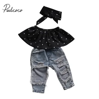 Citgeett/ Комплект одежды для новорожденных девочек с открытыми плечами, завернутая в горошек грудь + джинсы с дырками, брюки Demin, комплект одежды от 0 до 3 лет  10