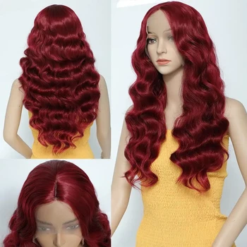 14-30-дюймовый Бордово-красный Длинный синтетический кружевной парик, Темно-красный парик, объемная волна, Синтетические волосы, Парики для женщин, Высокотемпературное волокно  10