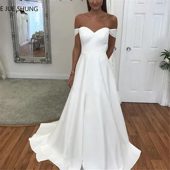 E JUE SHUNG Элегантные белые свадебные платья с открытыми плечами, длинное атласное платье невесты трапециевидной формы длиной до пола, вечерний халат  10