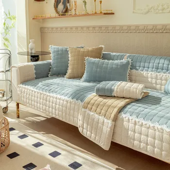 Кружевной дизайн, Мягкое бархатное секционное покрывало для дивана, зимнее короткое плюшевое стеганое полотенце для дивана, противоскользящие чехлы для диванов для гостиной  5