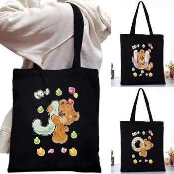 Женская сумка большой емкости Harajuku, классическая сумка через плечо в стиле ретро, модная сумка, женская сумка-тоут серии Cute Bear, холщовая сумка для покупок  5