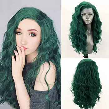 100% Синтетические парики из высокотемпературного термостойкого волокна на кружеве спереди для женщин, объемные волнистые бесклеевые длинные парики зеленого цвета  5