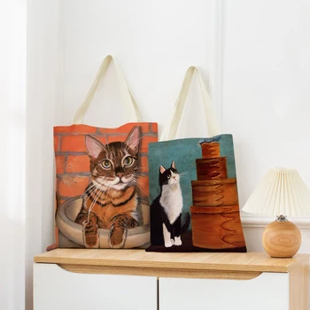 Сумка для покупок на льняном рынке с милым мультяшным котом с двусторонним принтом, женская складная сумка, портативная Удобная сумка для хранения  5