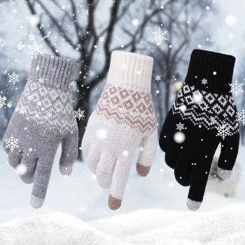 1 Пара женских перчаток, Кашемировые вязаные жаккардовые варежки с сенсорным экраном, зимние осенние теплые лыжные плюшевые перчатки, Рождественские подарки  5