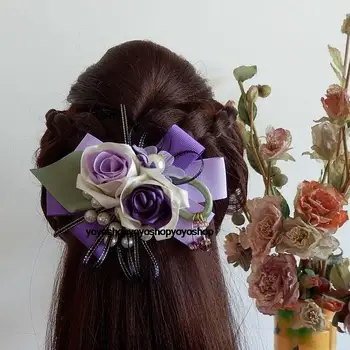 фиолетовая роза, пряжа ручной работы, заколка для волос с жемчужным бантом, классические аксессуары для волос в виде цветкаf082  5