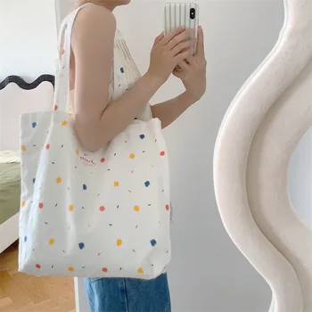 Новая холщовая сумка-тоут в 3D горошек для женщин, женская повседневная сумка через плечо, хлопковая сумка, большая вместительная эко-сумка для покупок, модная дизайнерская одежда  5