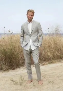 Льняной мужской светло-серый костюм с вырезами на лацканах, Смокинг жениха, официальный костюм для свадебного ужина, костюм Homme Mariage (куртка + брюки)  10