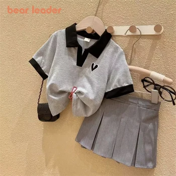 Bear Leader/ Летний комплект детской одежды для девочек, Корейская плиссированная юбка для колледжа, комплект из 2 предметов, топы + юбки, костюм, детская одежда, детские наряды  10