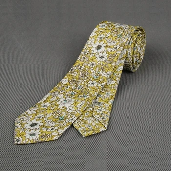 Мужские узкие галстуки Желтые хлопковые галстуки в цветочек Классический узкий галстук на шею Жених Свадебный деловой галстук SK409  5