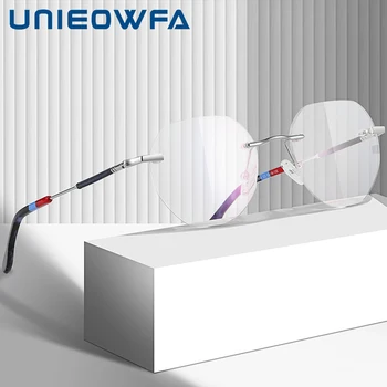 Оптические очки UNIEOWFA без оправы для мужчин, очки в оправе по рецепту близорукости, мужские Роскошные Брендовые дизайнерские модные очки  5