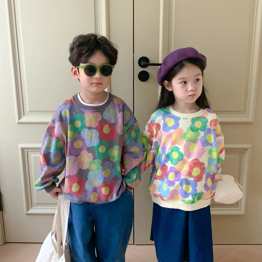 Детская одежда, детская рубашка, новинка весны 2023 года, модный повседневный свободный топ с длинными рукавами для мальчиков и девочек в корейском стиле с яркими цветами