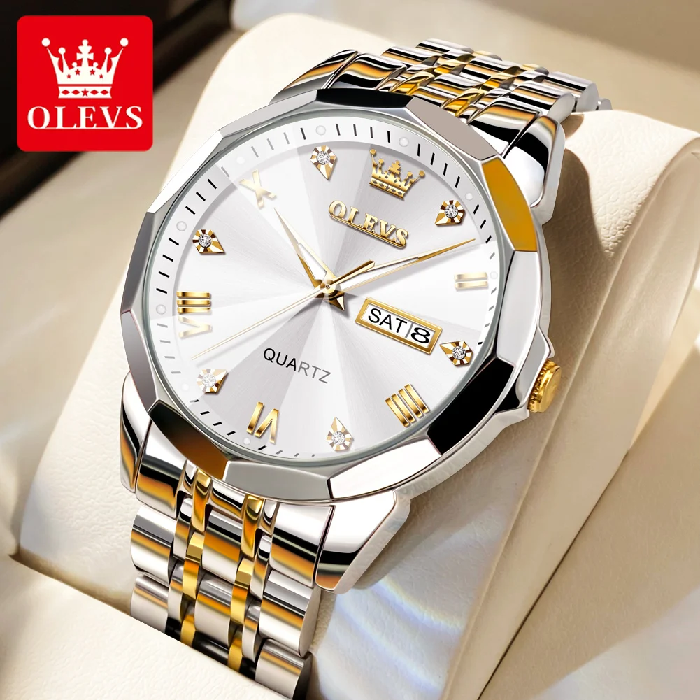 Мужские часы роскошного бренда OLEVS, водонепроницаемые наручные часы с двойным календарем, светящийся кварцевый механизм, инкрустированные бриллиантами часы для мужчин